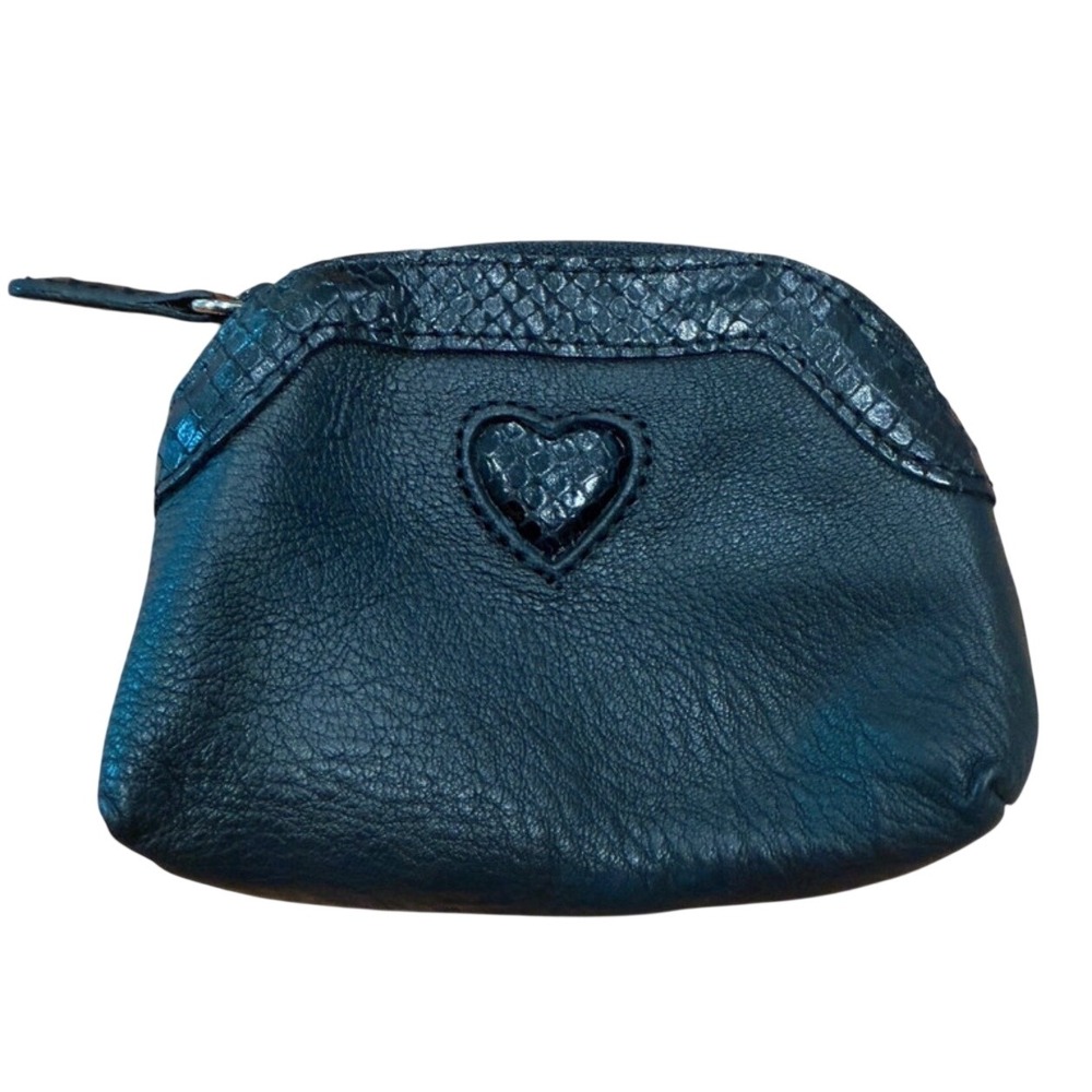 Brighton Black Pebbled Leather Heart Coin Purse Snake Embossed Trim Pouch‎